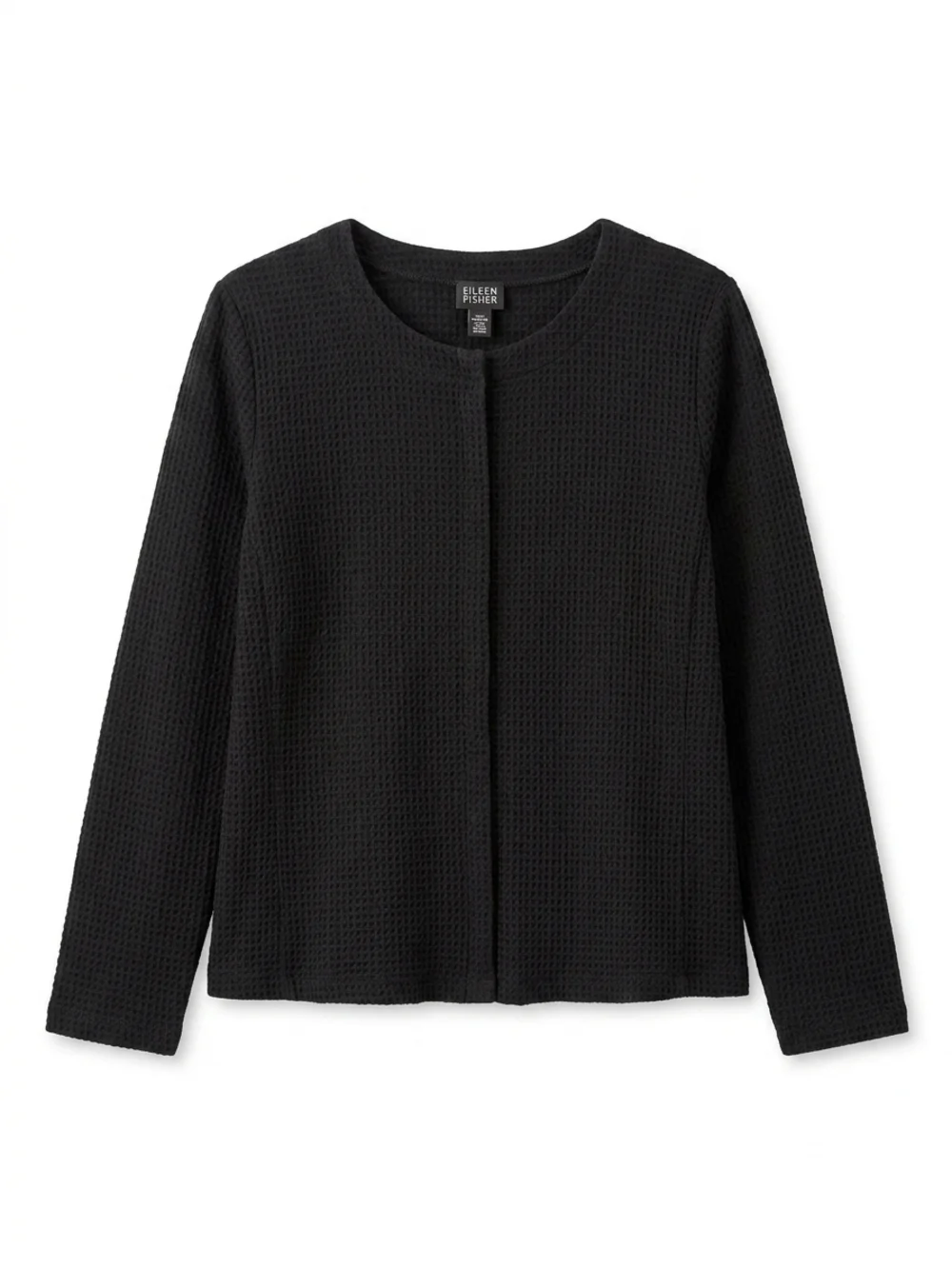 EILEEN FISHER Black Waffle Knit Snap Front Cardigan Jacket Medium M Italian Fall